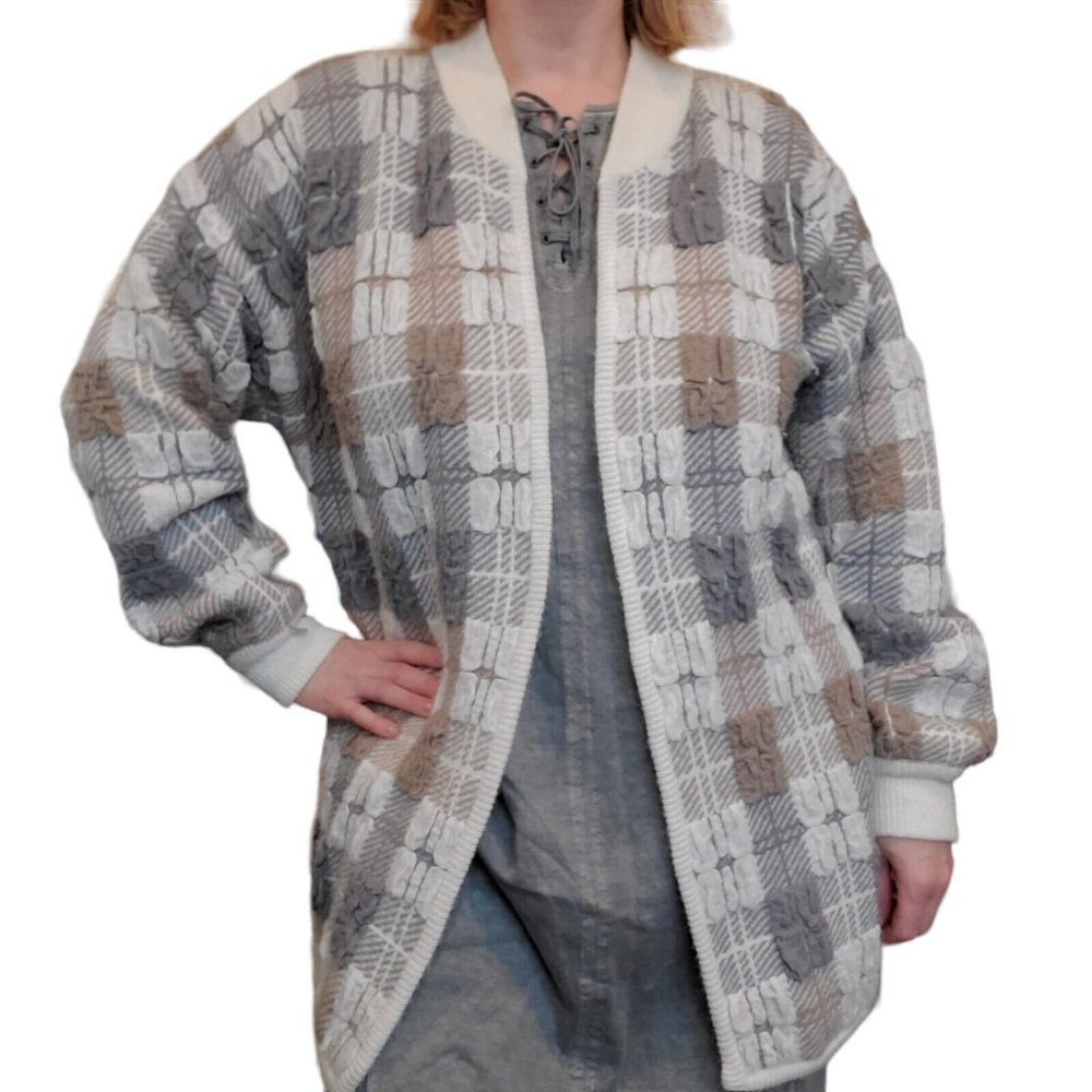 Vintage 70s Womens Chunky Knit Oversized Cardigan Plaid Open Front Textured Sz L